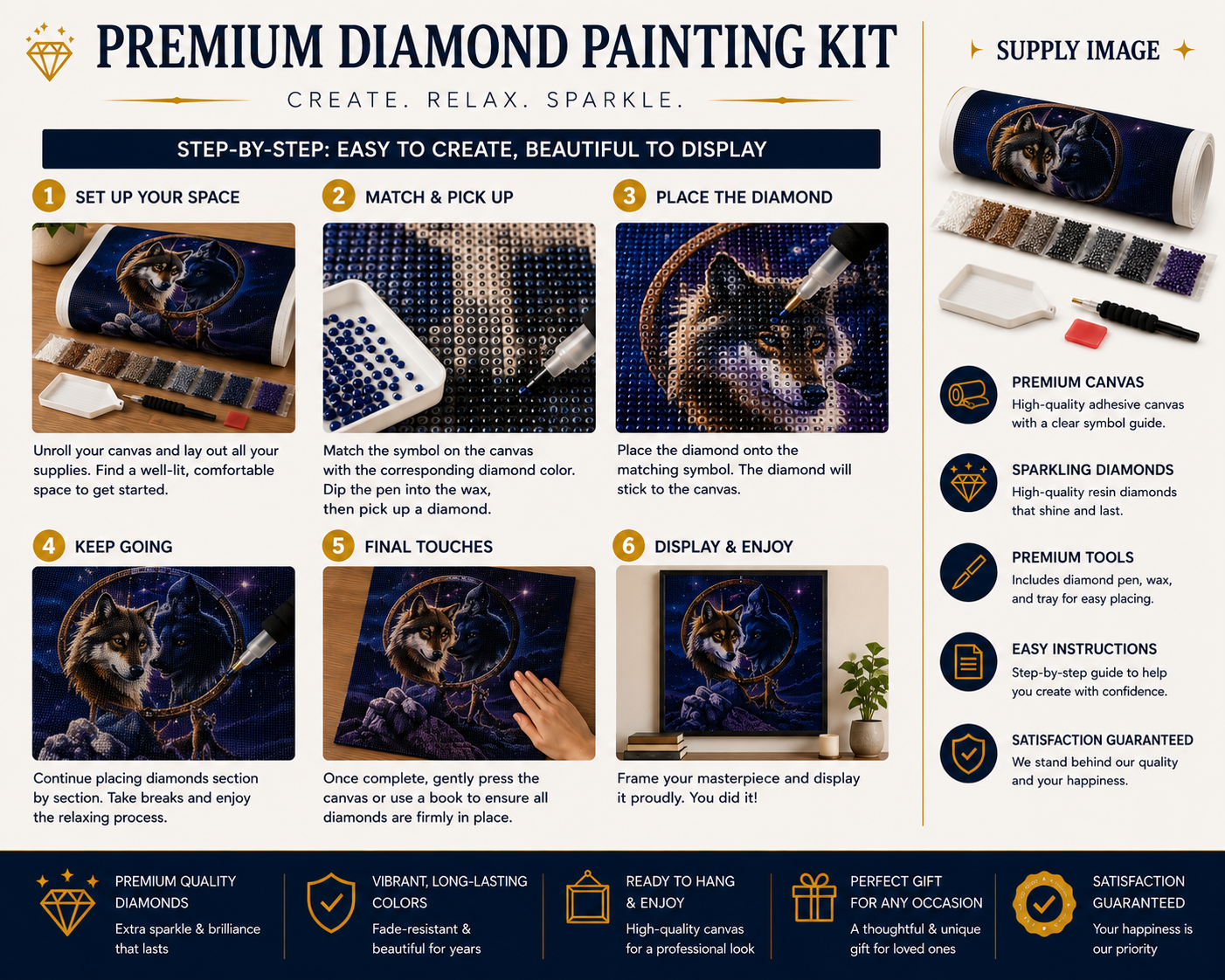 Yin Yang Wolves &amp; Dreamcatcher Diamond Painting Kit – 6-step illustrated guide showing how to set up space, match and pick up diamonds, place on canvas, and display finished artwork, with supply image and satisfaction guarantee — Azurra Shop
