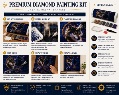 Yin Yang Wolves &amp; Dreamcatcher Diamond Painting Kit – 6-step illustrated guide showing how to set up space, match and pick up diamonds, place on canvas, and display finished artwork, with supply image and satisfaction guarantee — Azurra Shop
