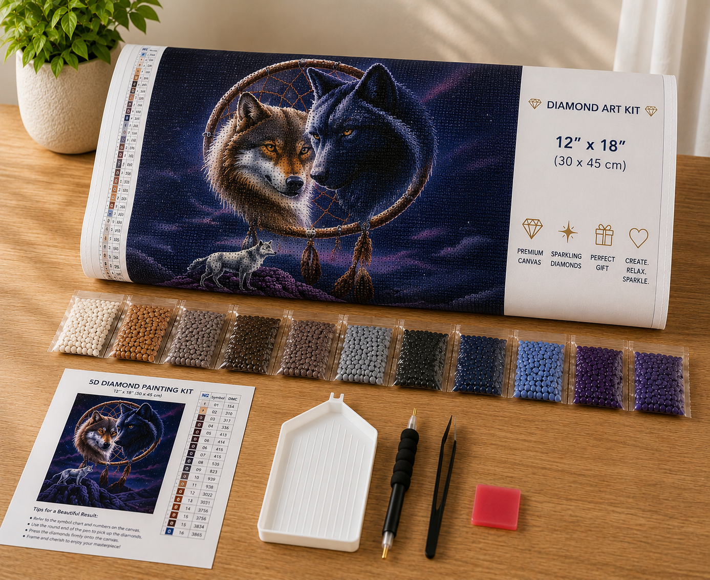 Yin Yang Wolves &amp; Dreamcatcher Diamond Painting Kit – full supply flatlay showing rolled canvas tube, 15 sorted resin drill packets in earth tones and blues, applicator pen, tweezers, tray, wax pad, and color guide — Azurra Shop
