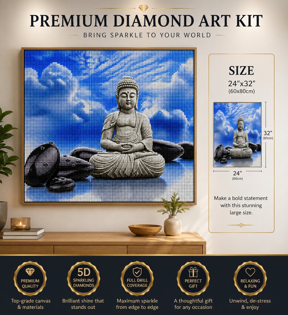 Rolled canvas and supplies for the Buddha above the clouds kit, including drills and applicator pen