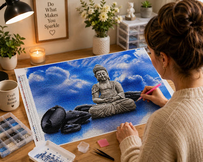 Working on the Buddha above the clouds kit at a lamp-lit desk