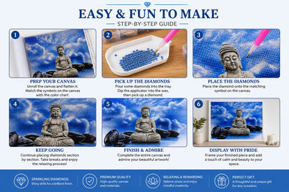 Step by step guide showing how to complete the Buddha above the clouds diamond painting