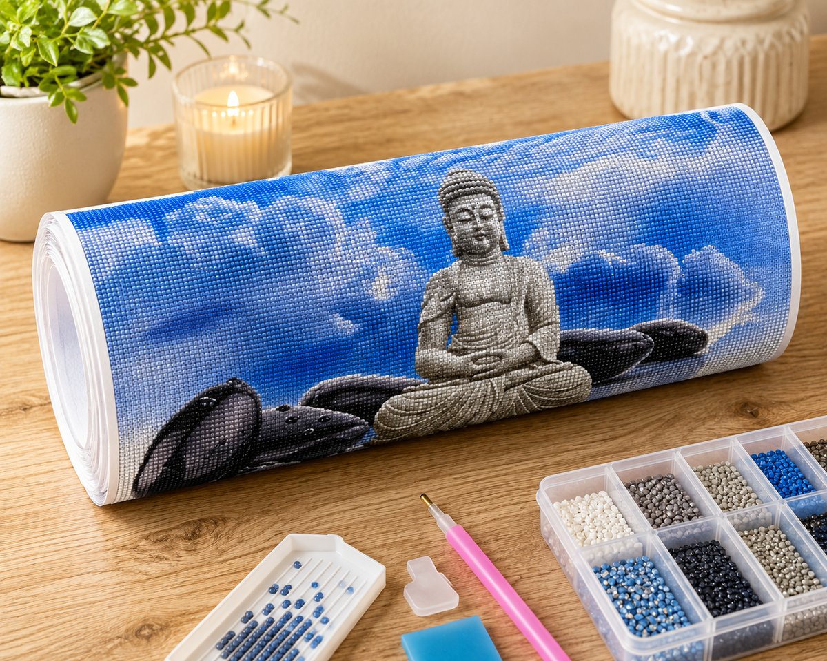 Supplies laid out for the Buddha above the clouds diamond painting kit