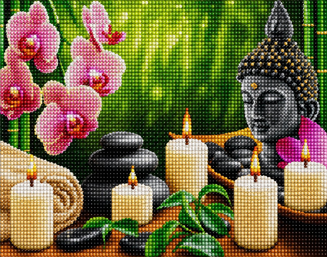 Close up of the finished Buddha head and pink orchid diamond painting with sparkling drills