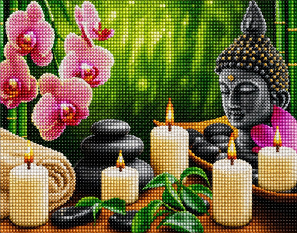 Close up of the finished Buddha head and pink orchid diamond painting with sparkling drills