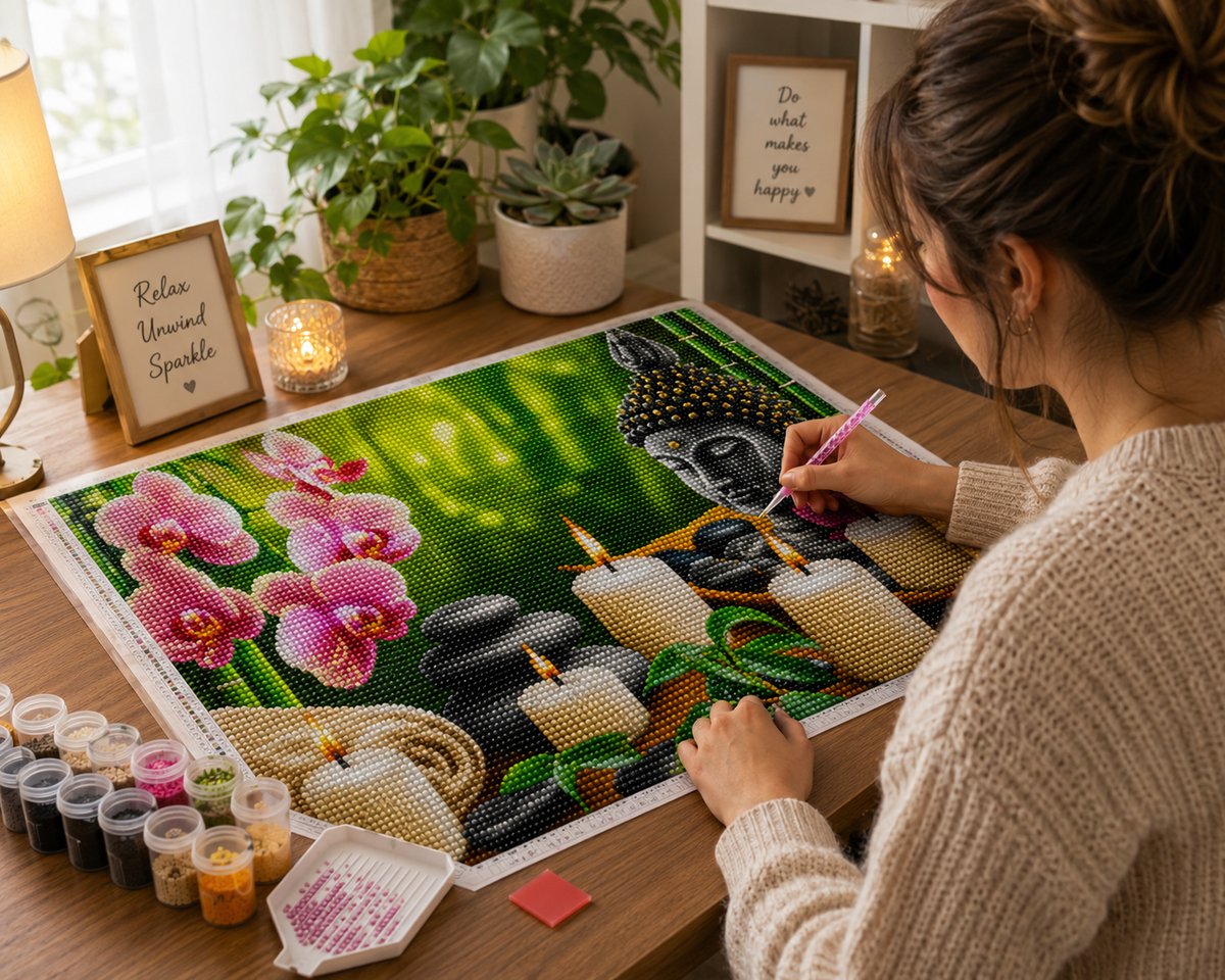 Working on the Buddha head and pink orchid kit at a candlelit desk
