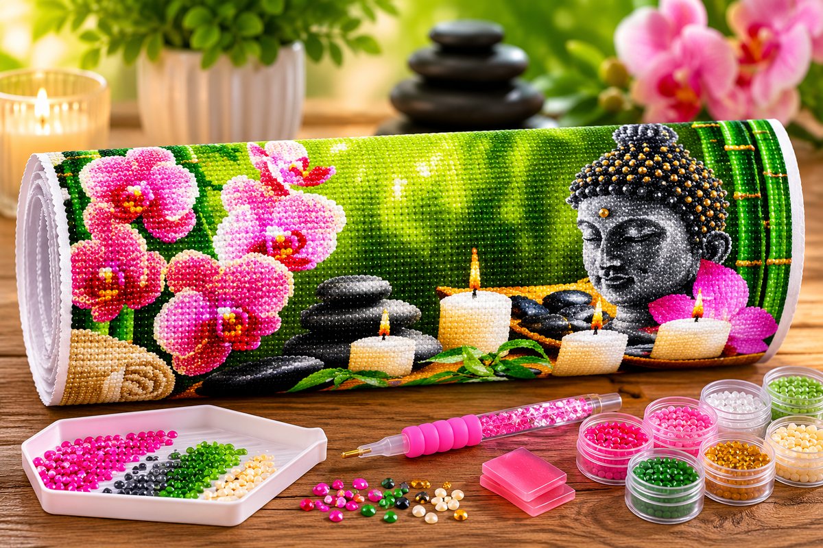 Supplies laid out for the Buddha head and pink orchid diamond painting kit