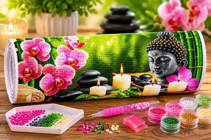 Supplies laid out for the Buddha head and pink orchid diamond painting kit