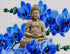 Close up of the finished Buddha in blue orchid bloom diamond painting with sparkling drills