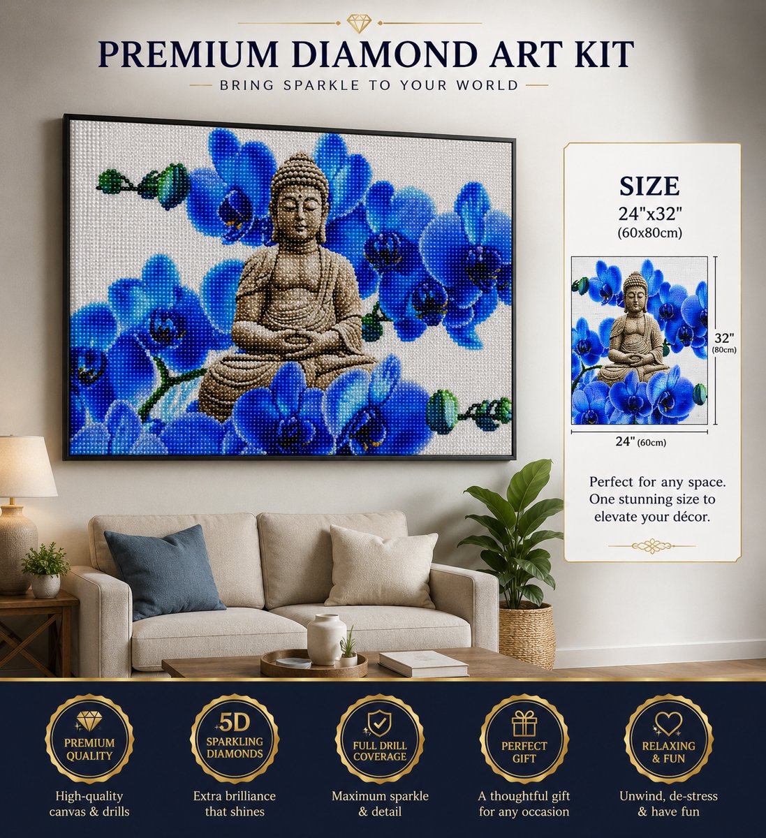 Rolled canvas and supplies for the Buddha in blue orchid bloom kit, including drills and applicator pen
