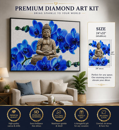 Rolled canvas and supplies for the Buddha in blue orchid bloom kit, including drills and applicator pen