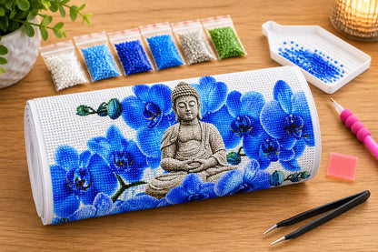 Supplies laid out for the Buddha in blue orchid bloom diamond painting kit