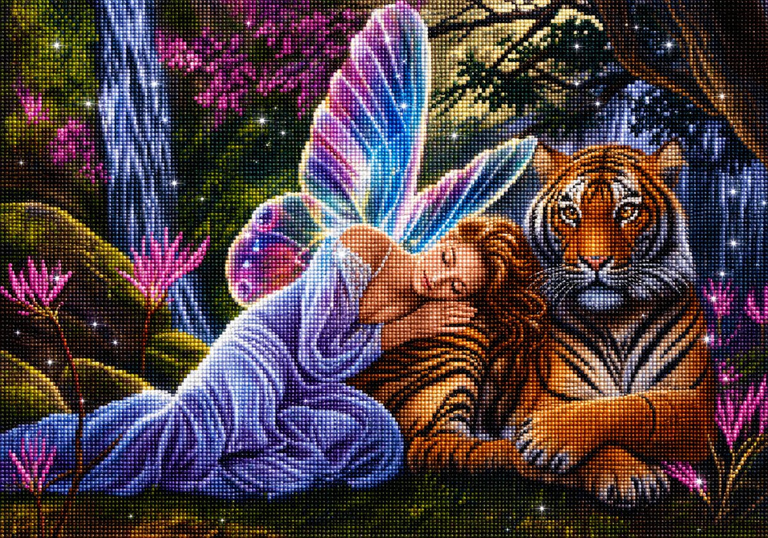 Finished butterfly fairy diamond painting with a blue winged fairy resting beside a sleeping tiger in a jungle waterfall setting | Azurra Shop