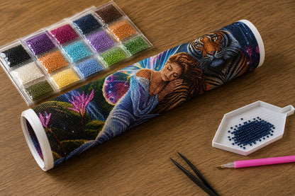 Diamond painting kit supplies including rolled canvas, sorted diamond bags, applicator pen, and tweezers | Azurra Shop