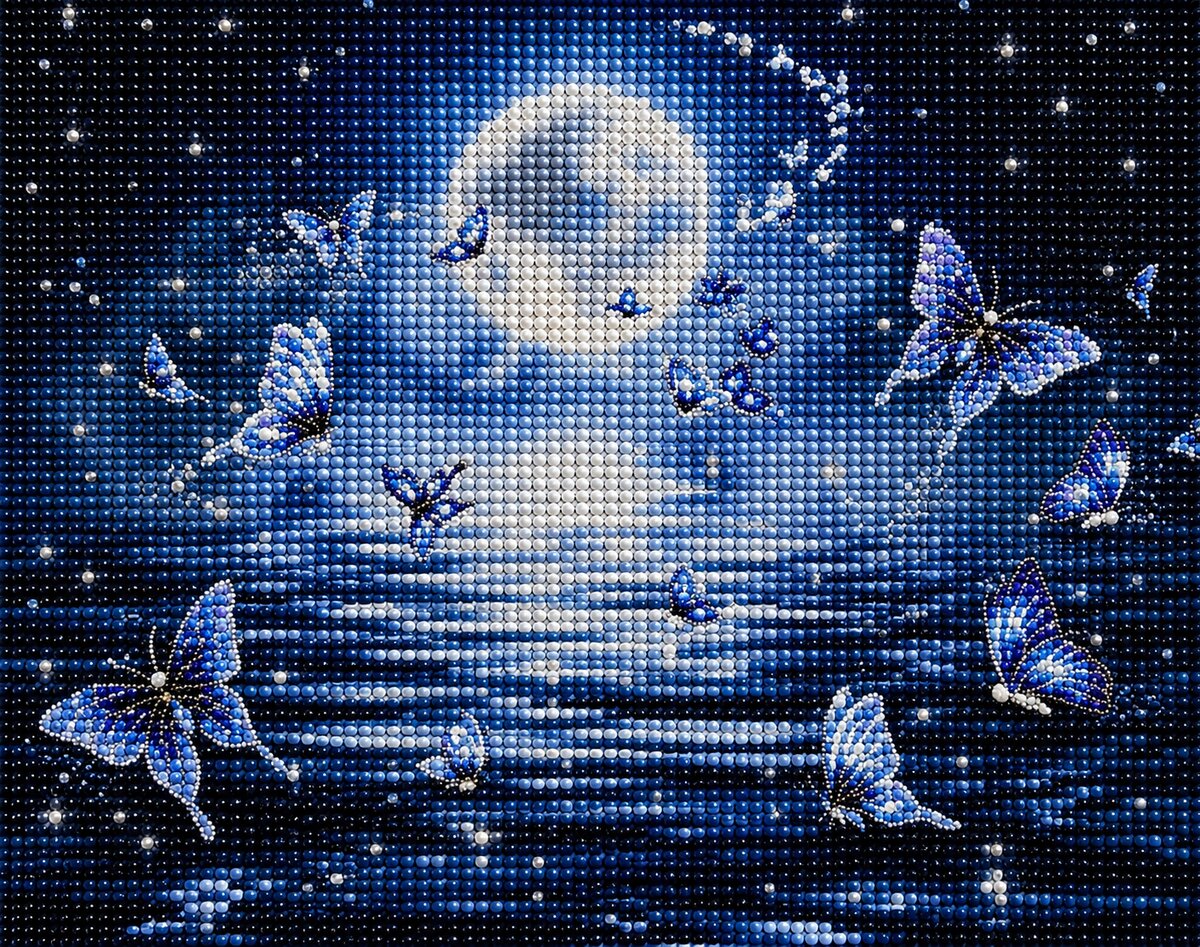 Butterfly moon diamond painting design with a glowing white moon surrounded by blue and white butterflies over water | Azurra Shop