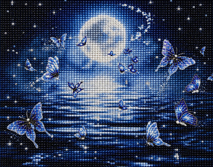 Butterfly moon diamond painting design with a glowing white moon surrounded by blue and white butterflies over water | Azurra Shop