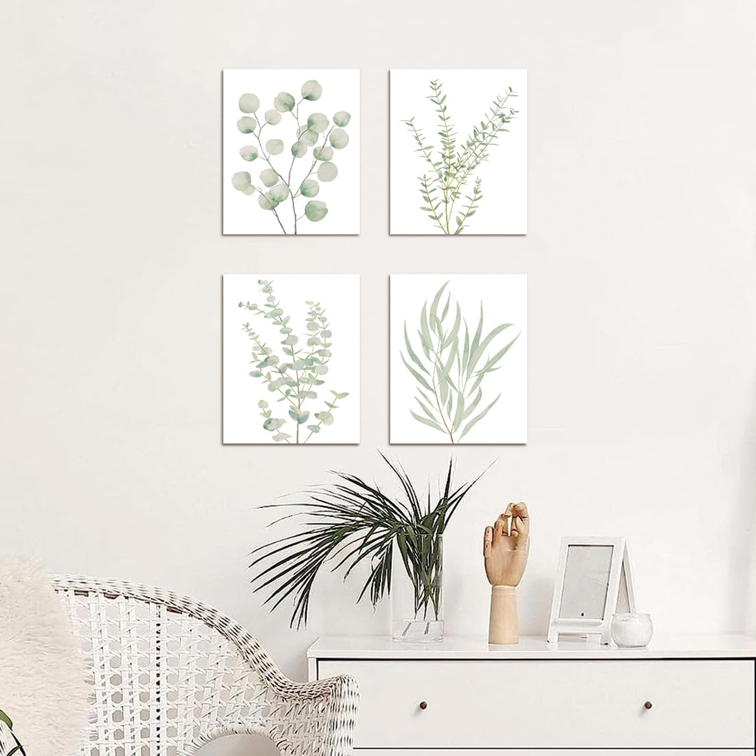 Botanical Plant Canvas Wall Art — set of 4, framed, 8x10", sage green eucalyptus minimalist boho design — Azurra Shop