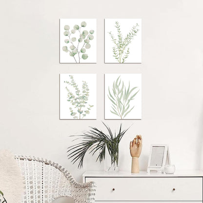 Botanical Plant Canvas Wall Art — set of 4, framed, 8x10", sage green eucalyptus minimalist boho design — Azurra Shop