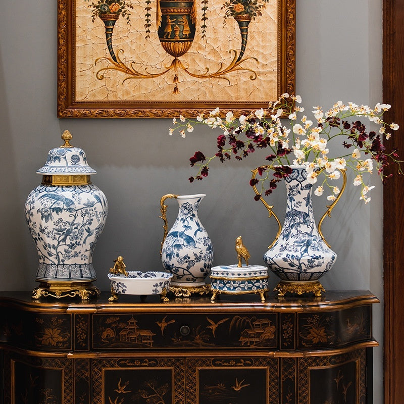 Blue-and-White Porcelain Display Vase — brass and ceramic European style in 3 designs: Binaural Vase, Temple Jar, and Water Pot — Azurra Shop