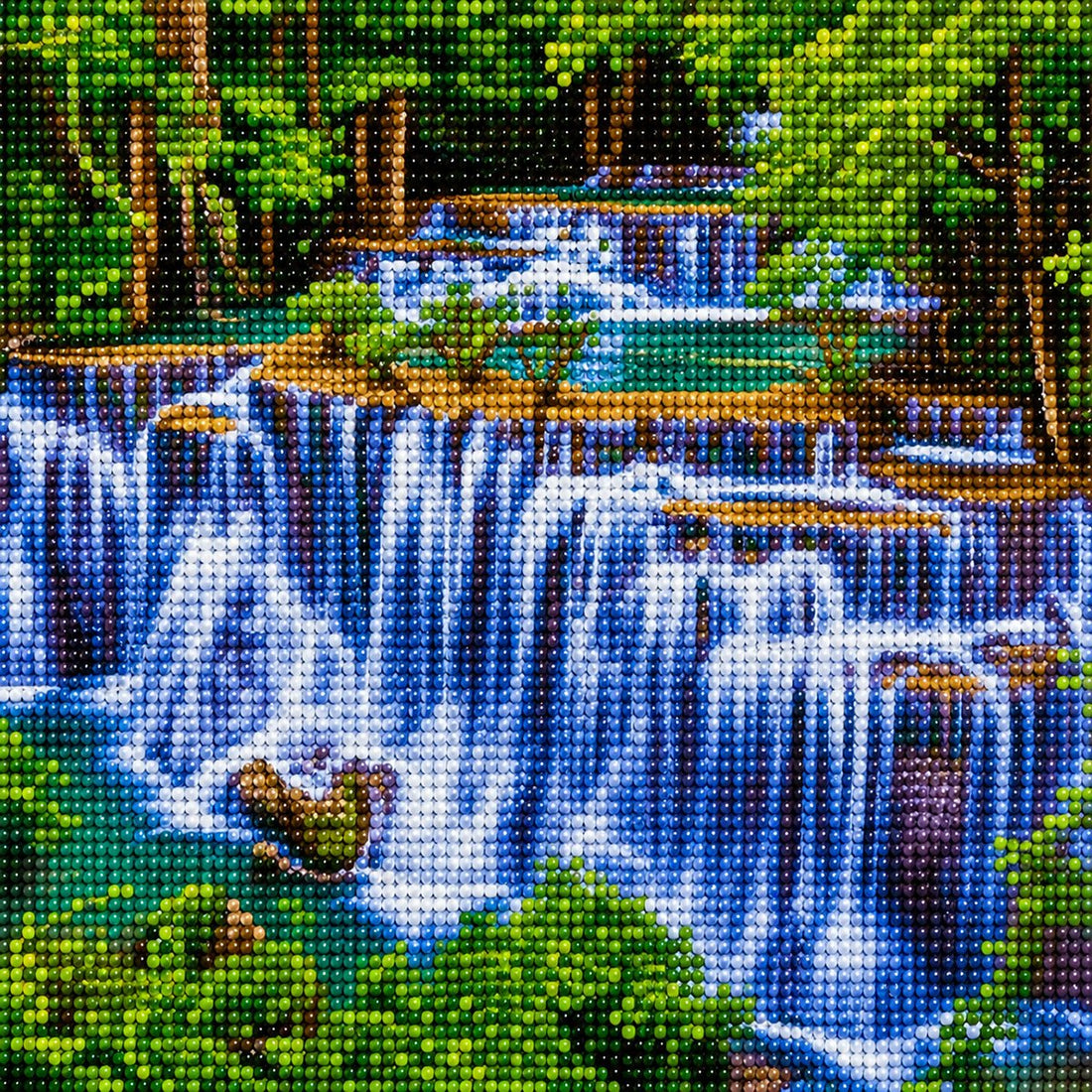 Close up of the finished cascading forest waterfall diamond painting with sparkling drills | Azurra Shop