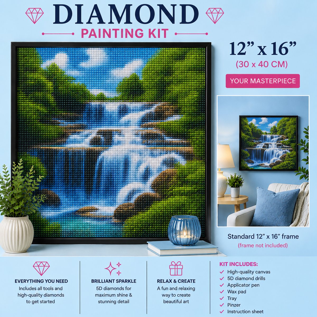 Framed cascading forest waterfall diamond painting displayed in a cozy living room | Azurra Shop