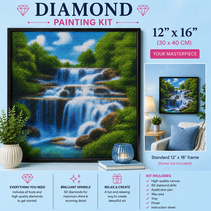Framed cascading forest waterfall diamond painting displayed in a cozy living room | Azurra Shop