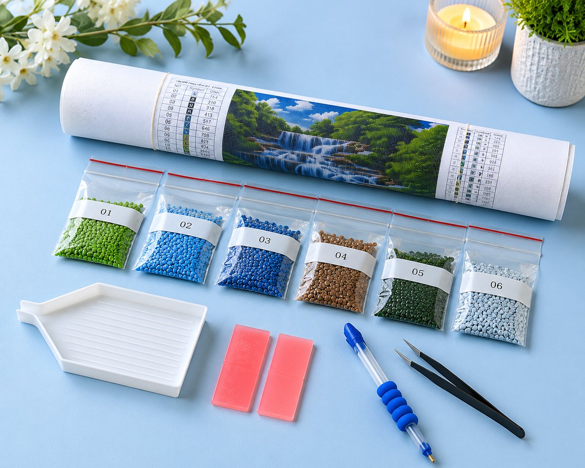 Rolled canvas and supplies for the cascading forest waterfall kit, including drill packets, applicator pen, and wax pad | Azurra Shop