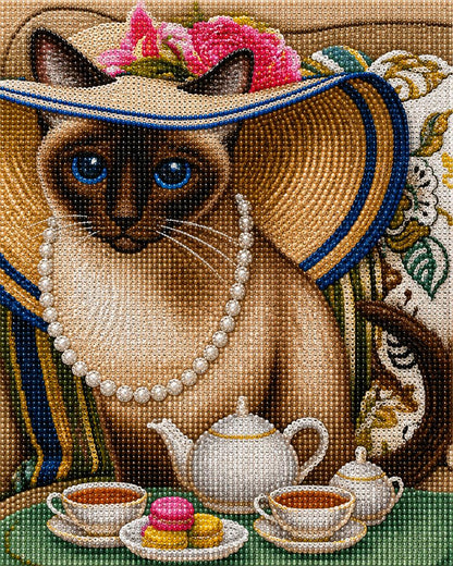 Close up of the finished Siamese cat tea party diamond painting | Azurra Shop