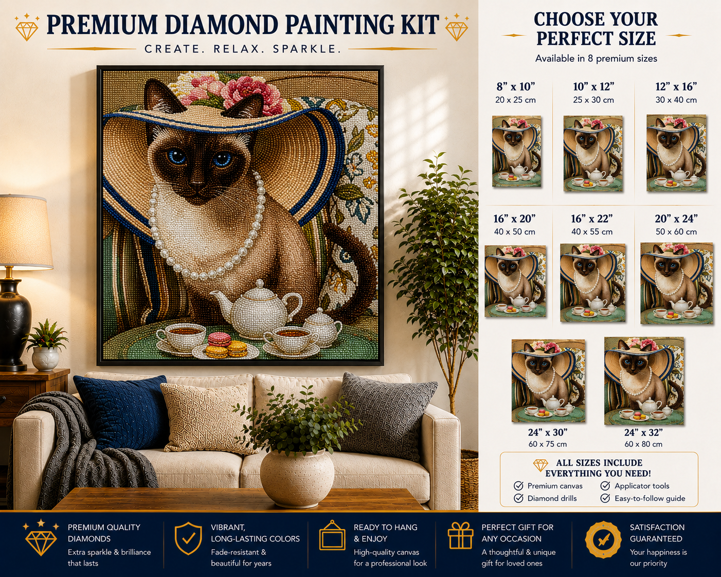 Siamese cat tea party diamond painting kit size chart – 8 sizes from 8" x 10" to 24" x 32", framed finished Siamese cat art displayed on living room wall above cream sofa with navy cushions, warm cream and brown tones, premium sparkling 5D diamonds — Azurra Shop
