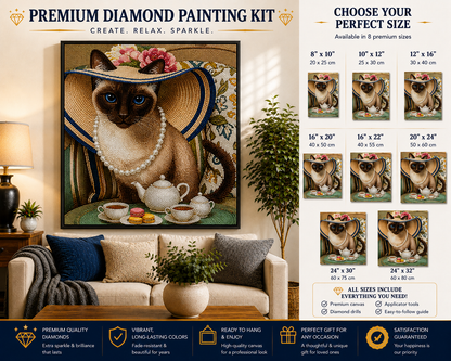 Siamese cat tea party diamond painting kit size chart – 8 sizes from 8" x 10" to 24" x 32", framed finished Siamese cat art displayed on living room wall above cream sofa with navy cushions, warm cream and brown tones, premium sparkling 5D diamonds — Azurra Shop
