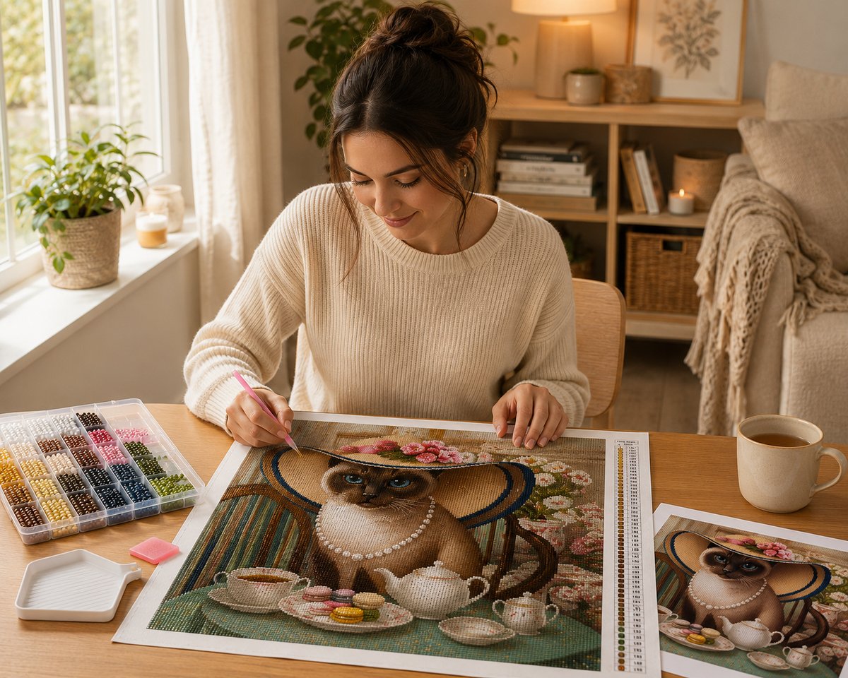 Working on the Siamese cat kit at a bright cozy craft desk with sorted drills, tools, and tea | Azurra Shop