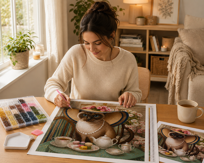 Woman creating Siamese cat tea party diamond painting kit at bright cozy craft desk with sorted diamond drills in organizer tray, applicator pen, wax pad, tray, DMC color chart and cup of tea beside a bright window — Azurra Shop
