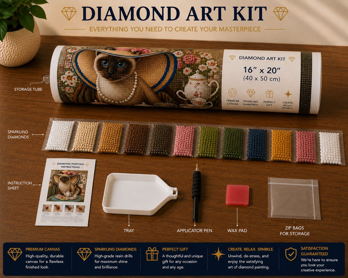 Rolled canvas and supplies for the Siamese cat kit, including drill packets, applicator pen, tray, and wax pad | Azurra Shop