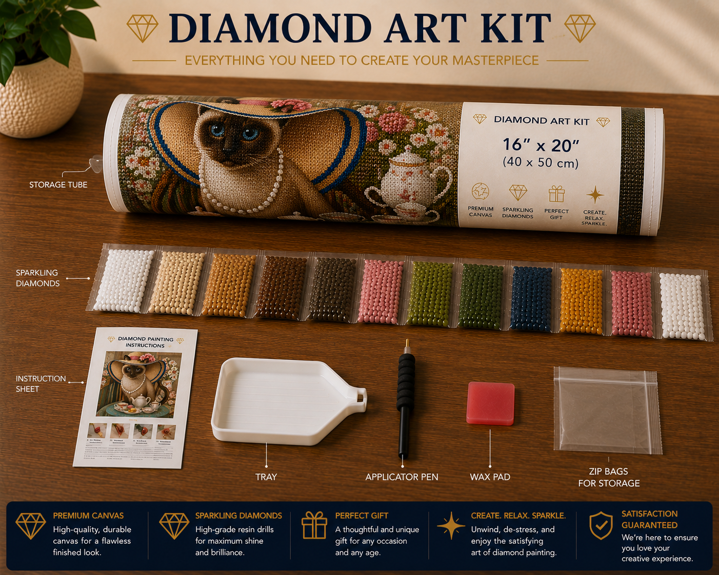 Siamese cat tea party diamond painting kit supplies – 16" x 20" canvas tube, sorted white, cream, brown, pink, green, navy, gold and black diamond drill packets in zip bags, applicator pen, wax pad, tray and instruction sheet on wooden surface — Azurra Shop
