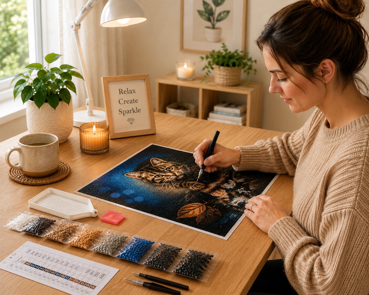 Working on the cat and tiger kit at a cozy craft desk with drills, tools, and coffee | Azurra Shop