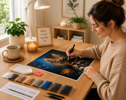 Working on the cat and tiger kit at a cozy craft desk with drills, tools, and coffee | Azurra Shop