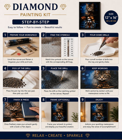 Nine step guide showing how to complete the cat and tiger reflection diamond painting | Azurra Shop