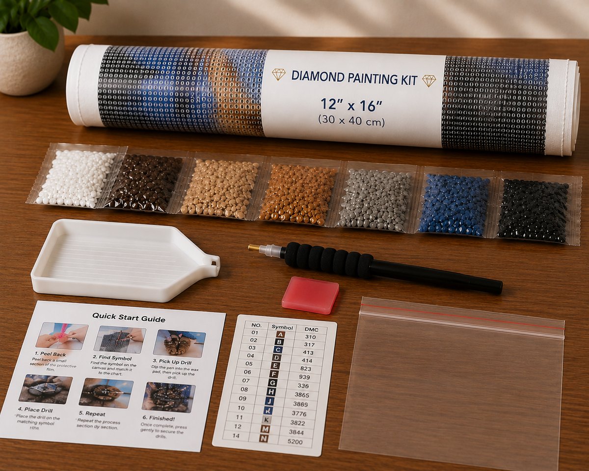 Rolled canvas and supplies for the cat and tiger kit, including drill packets, applicator pen, tray, and wax pad | Azurra Shop