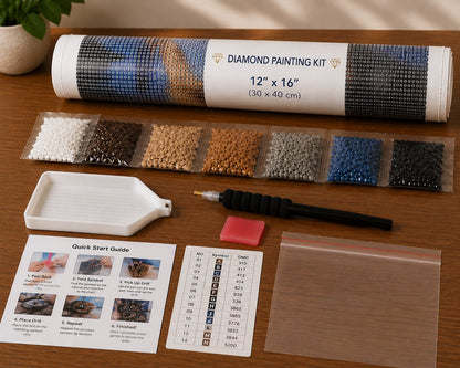 Rolled canvas and supplies for the cat and tiger kit, including drill packets, applicator pen, tray, and wax pad | Azurra Shop