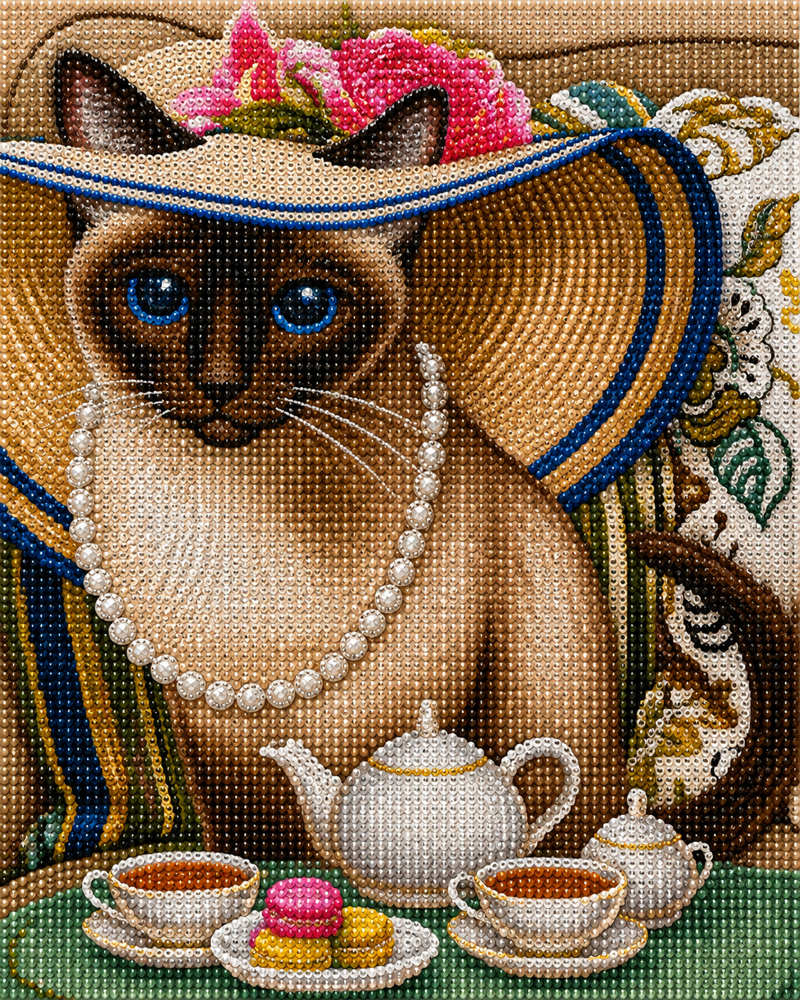 Siamese cat tea party diamond painting kit close-up – regal Siamese cat with piercing blue eyes wearing a wide-brim straw hat with pink roses and a pearl necklace, dainty white teapot, two teacups and colorful macarons arranged before her, sparkling full drill 5D resin diamond texture — Azurra Shop

