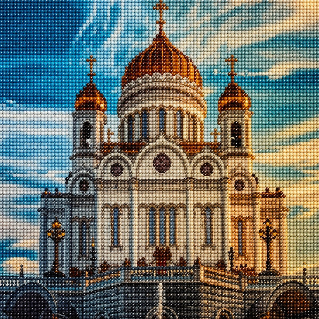 Finished Cathedral of Christ the Saviour diamond painting kit artwork with white walls and golden domes against a blue sky | Azurra Shop