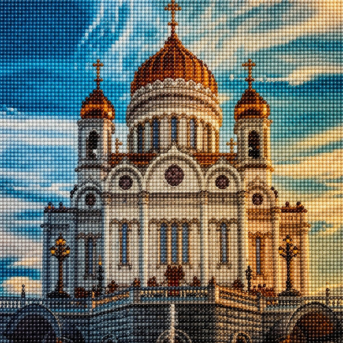 Finished Cathedral of Christ the Saviour diamond painting kit artwork with white walls and golden domes against a blue sky | Azurra Shop