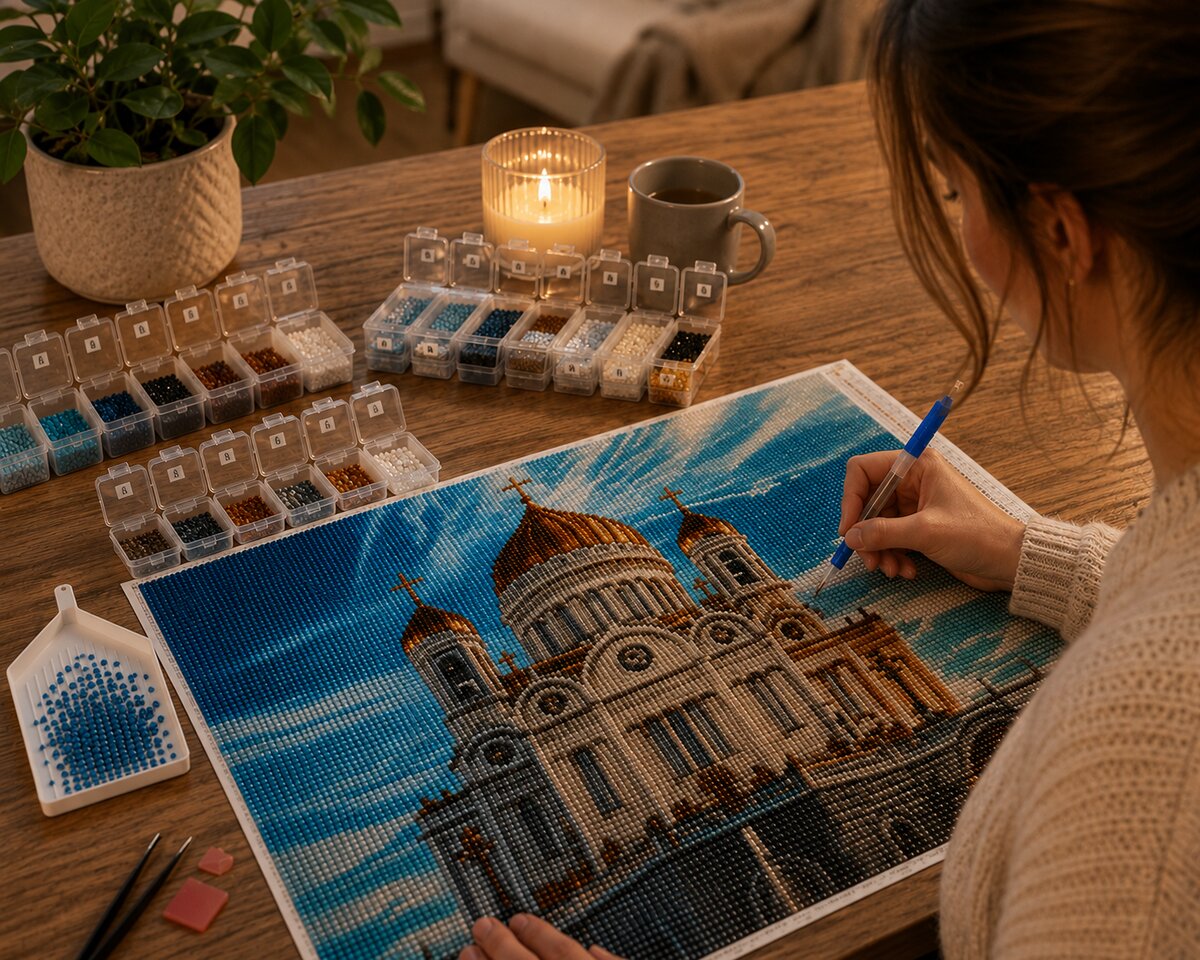 Working on the Cathedral of Christ the Saviour diamond painting kit at a cozy desk | Azurra Shop