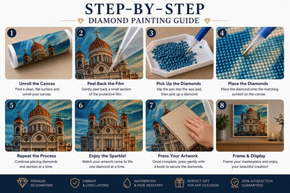 Step by step guide showing how to complete the Cathedral of Christ the Saviour diamond painting kit | Azurra Shop