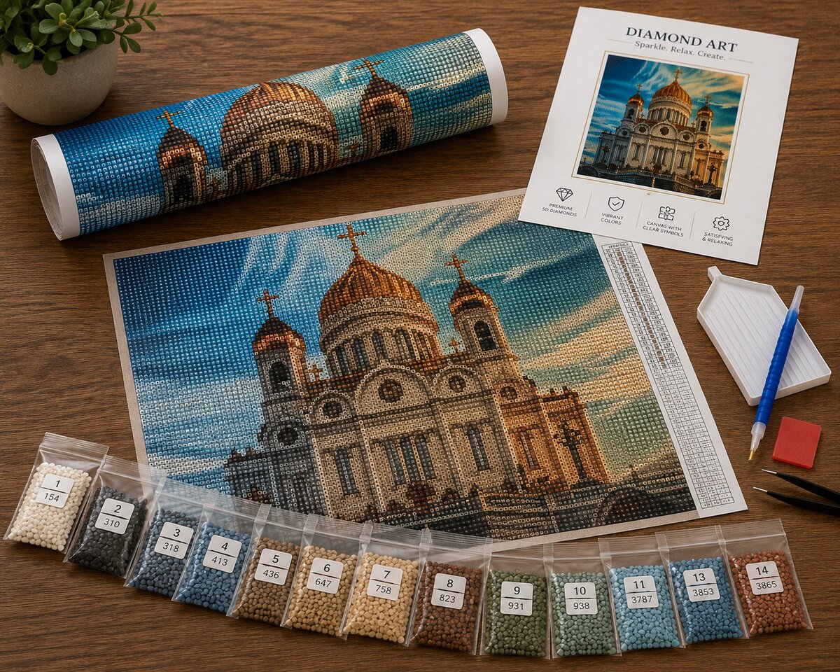 Rolled canvas and full supplies for the Cathedral of Christ the Saviour kit, including diamond packets and applicator pen | Azurra Shop