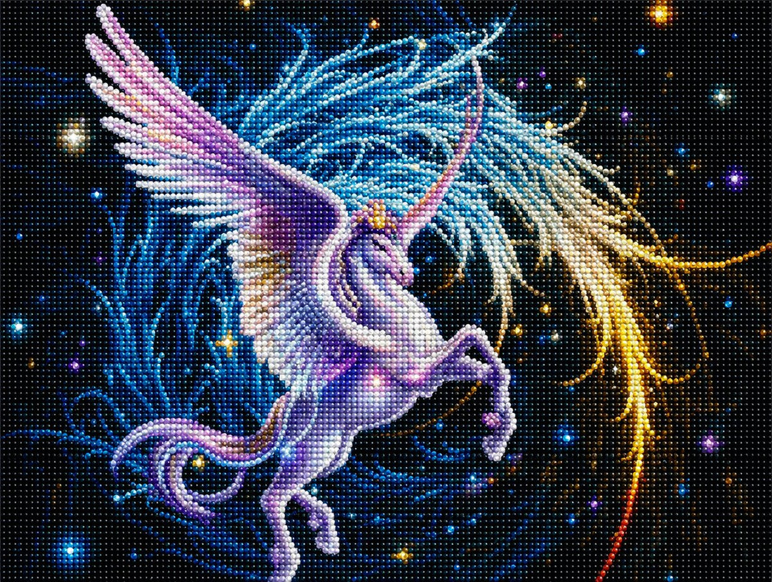 Finished celestial winged unicorn diamond painting with a purple pegasus rearing among stars and glowing colorful trails | Azurra Shop