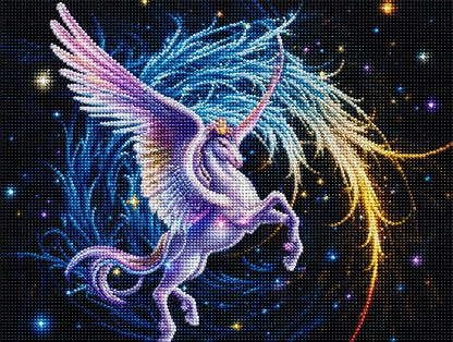 Finished celestial winged unicorn diamond painting with a purple pegasus rearing among stars and glowing colorful trails | Azurra Shop