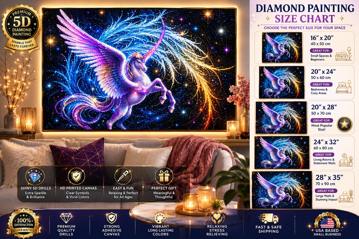 Celestial winged unicorn diamond painting framed on a wall, available in 5 sizes from 16 by 20 to 28 by 35 inches | Azurra Shop