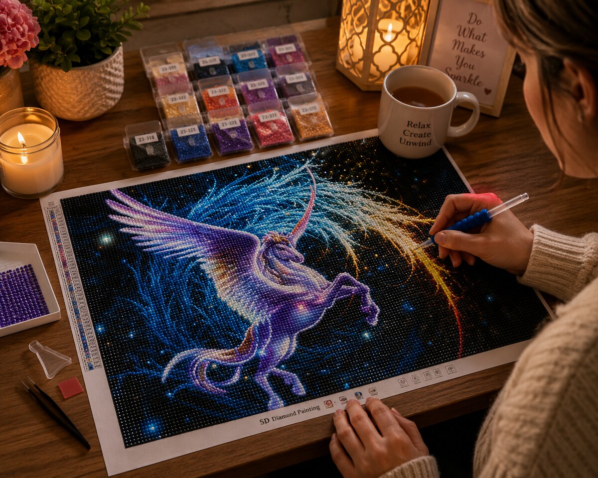 Woman placing diamonds on the celestial winged unicorn canvas at a table with tea and a candle | Azurra Shop