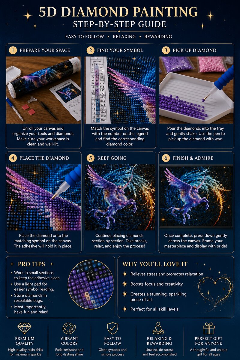 Six step instructions for completing a diamond painting kit from canvas prep to framing and display | Azurra Shop